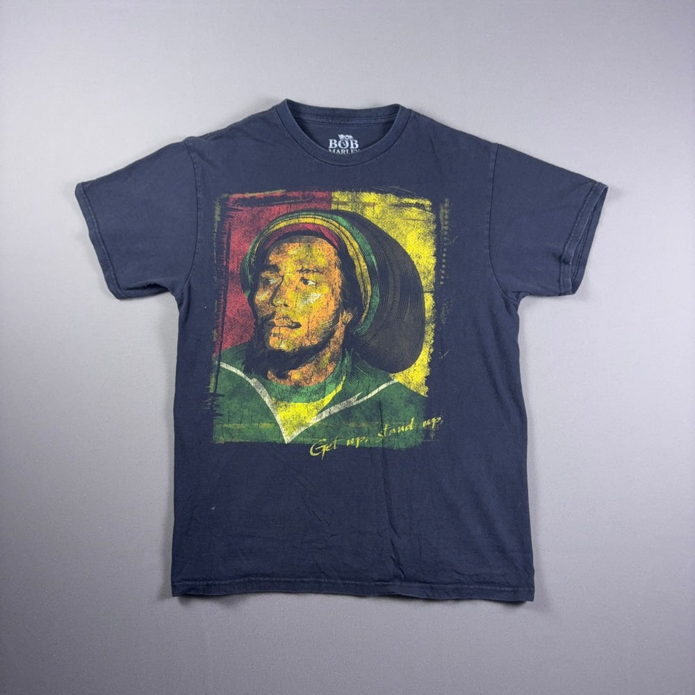 Bob Marley Get Up Stand Up Graphic T-Shirt Mens Medium Navy Blue Rasta Reggae